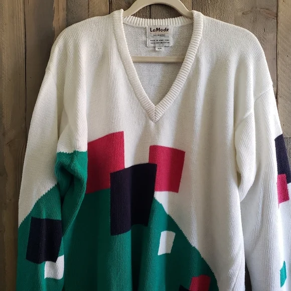 Vintage LaMode Sweater L Large 90's V-Neck Oversized - Picture 2 of 5